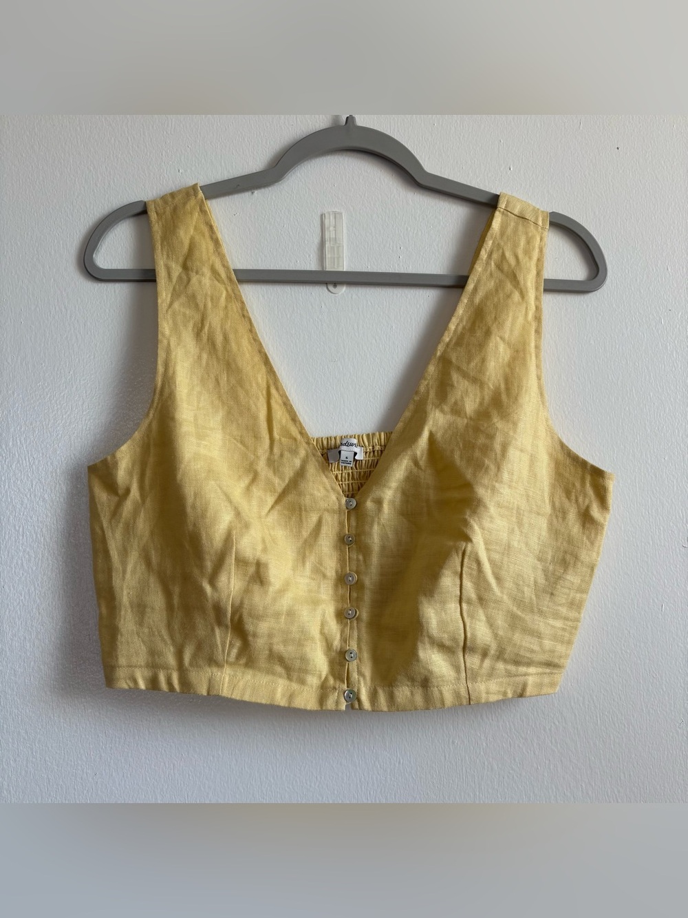 Madewell Yellow Woven Linen Cotton V-Neck Smocked Button Crop Tank Women’s 6